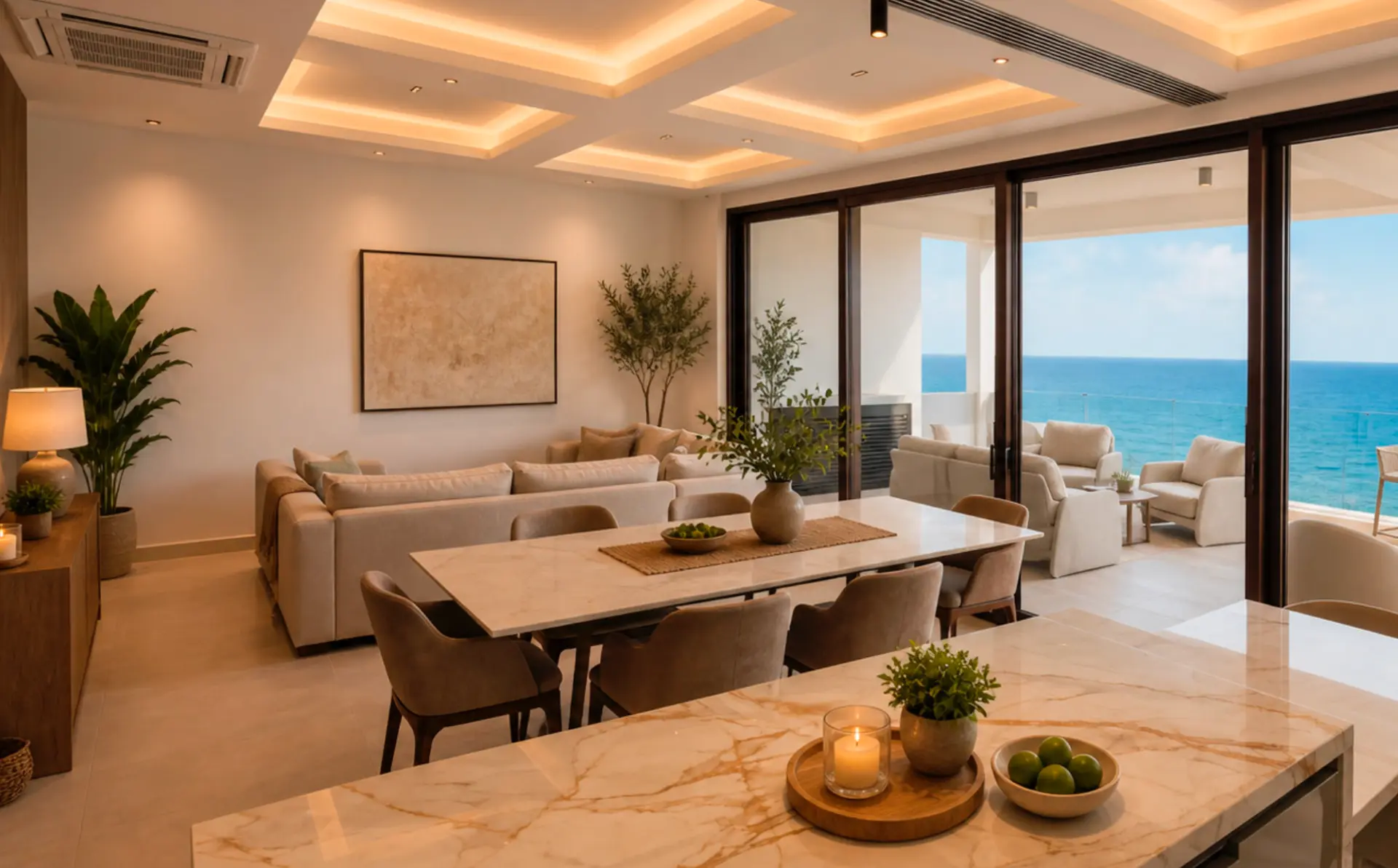 Villa Mediterráneo dining and living area overlooking the Caribbean Sea