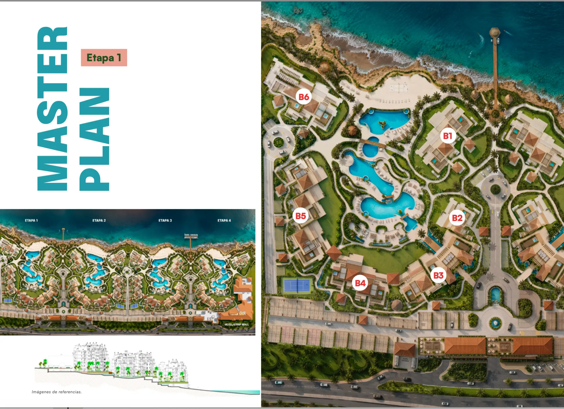 Villa Mediterráneo phase one master plan showing towers B1 through B6 beside the Caribbean Sea and resort pools