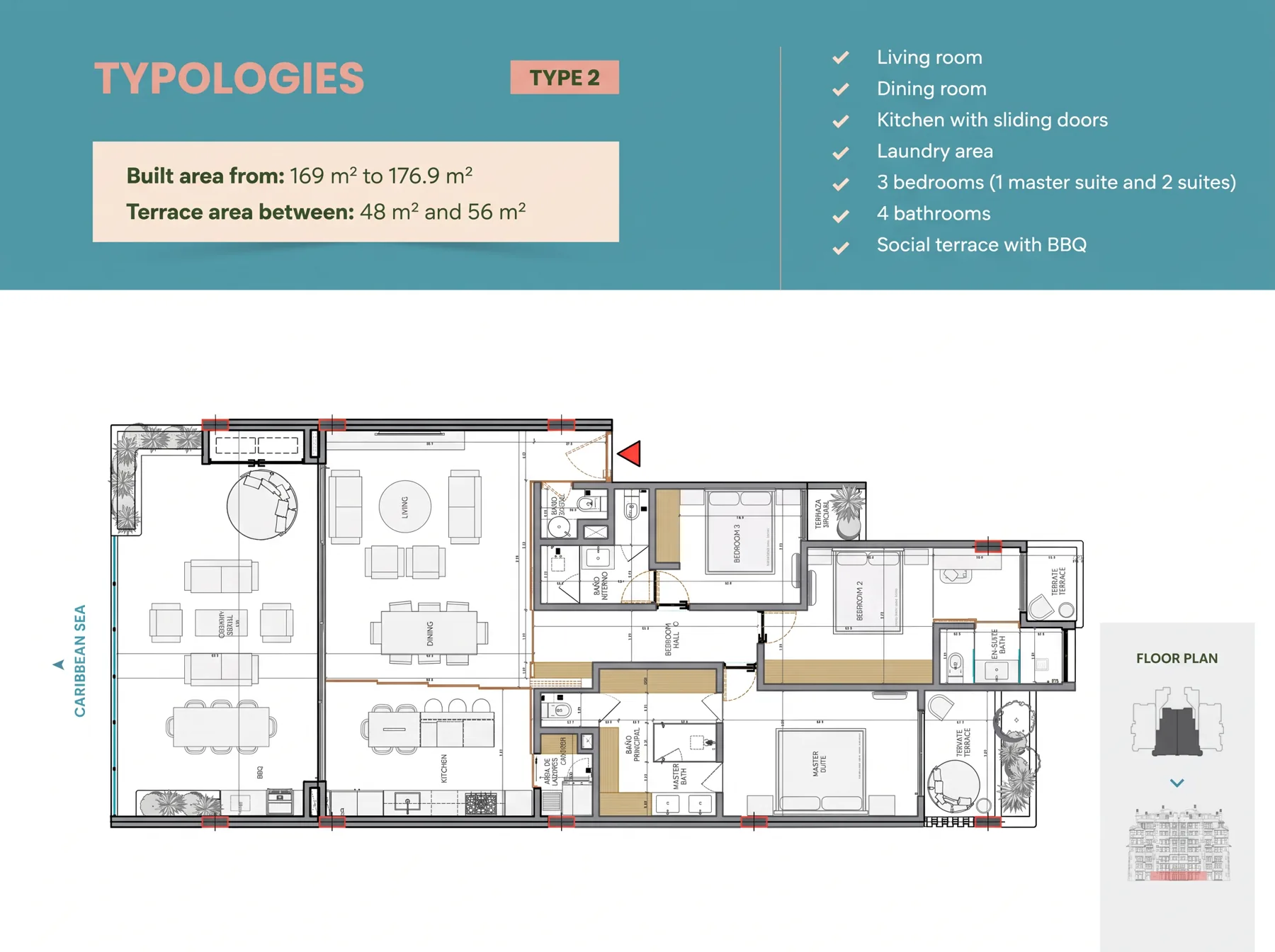 Type 2 Villa Mediterráneo apartment floor plan with three bedrooms and social terrace