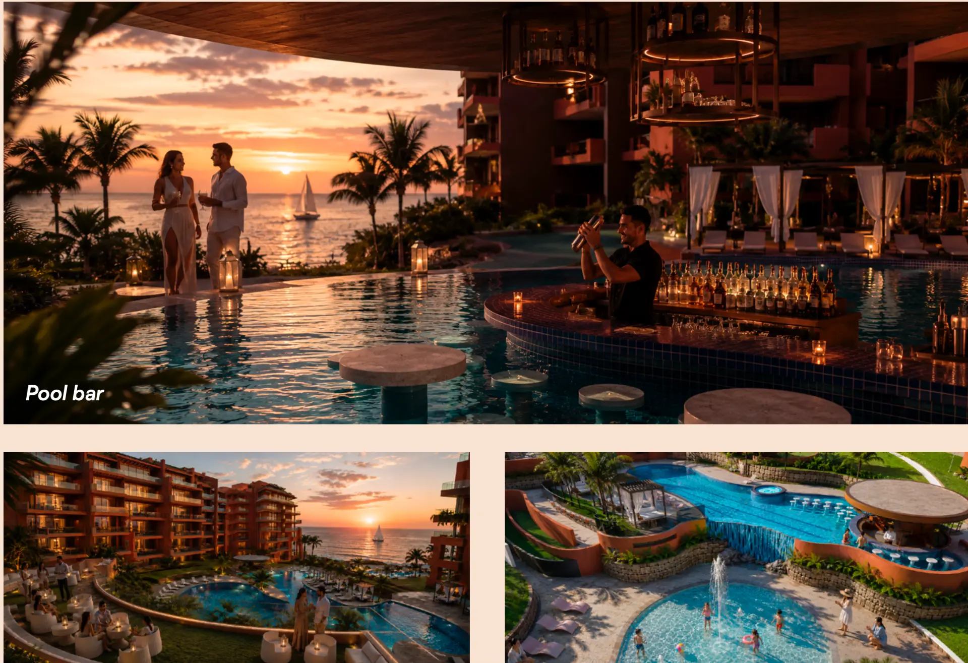 Villa Mediterráneo pool bar and family pools at sunset