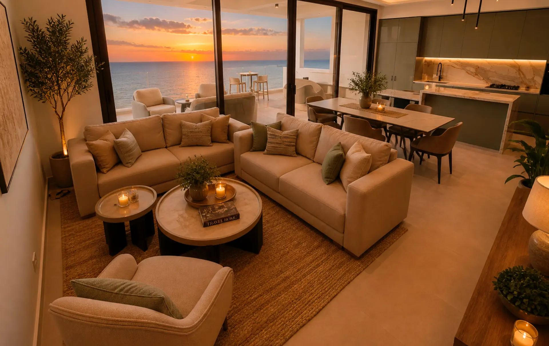 Open-plan Villa Mediterráneo living room with sunset sea view