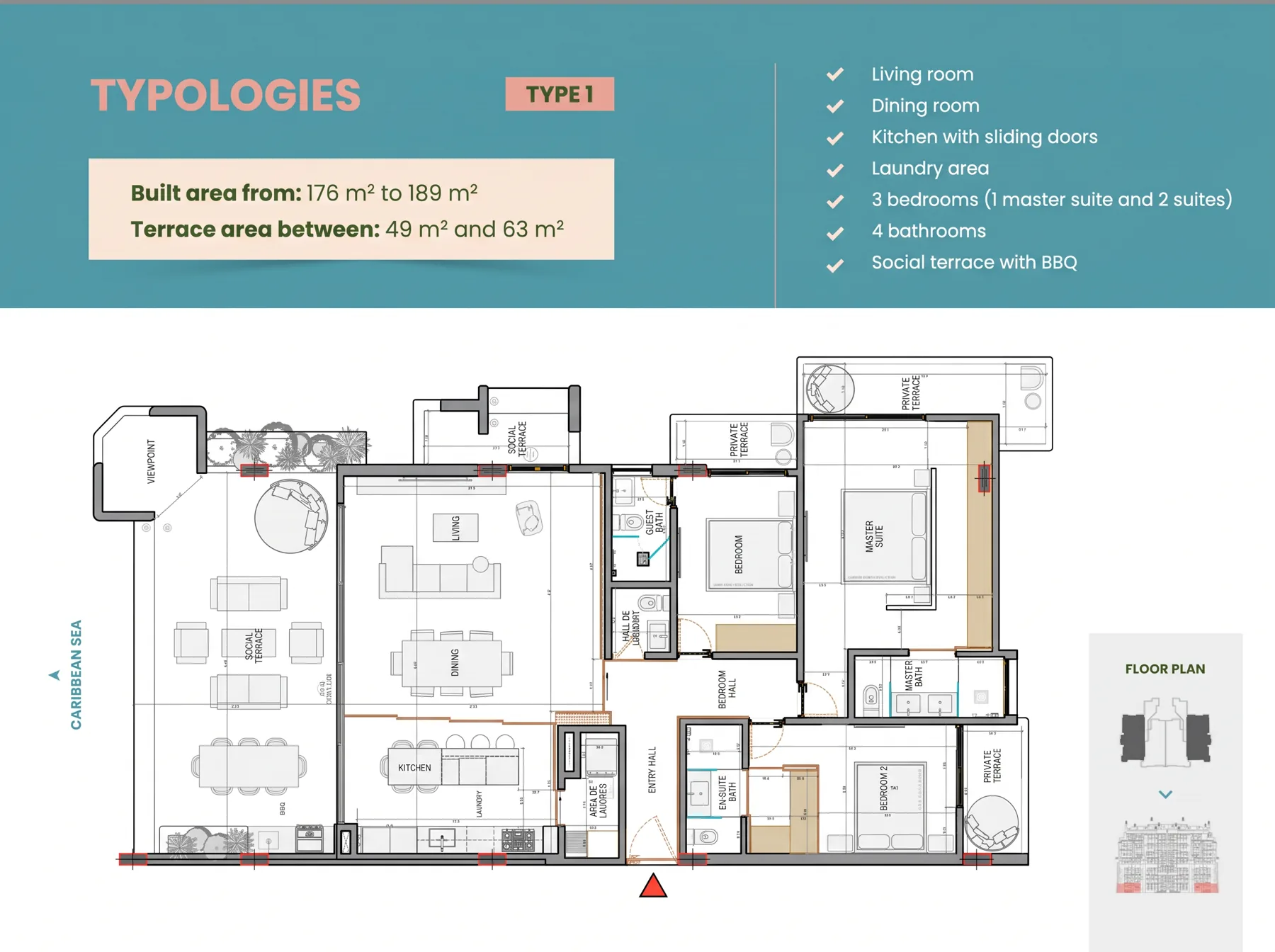 Type 1 Villa Mediterráneo apartment floor plan with three bedrooms and social terrace