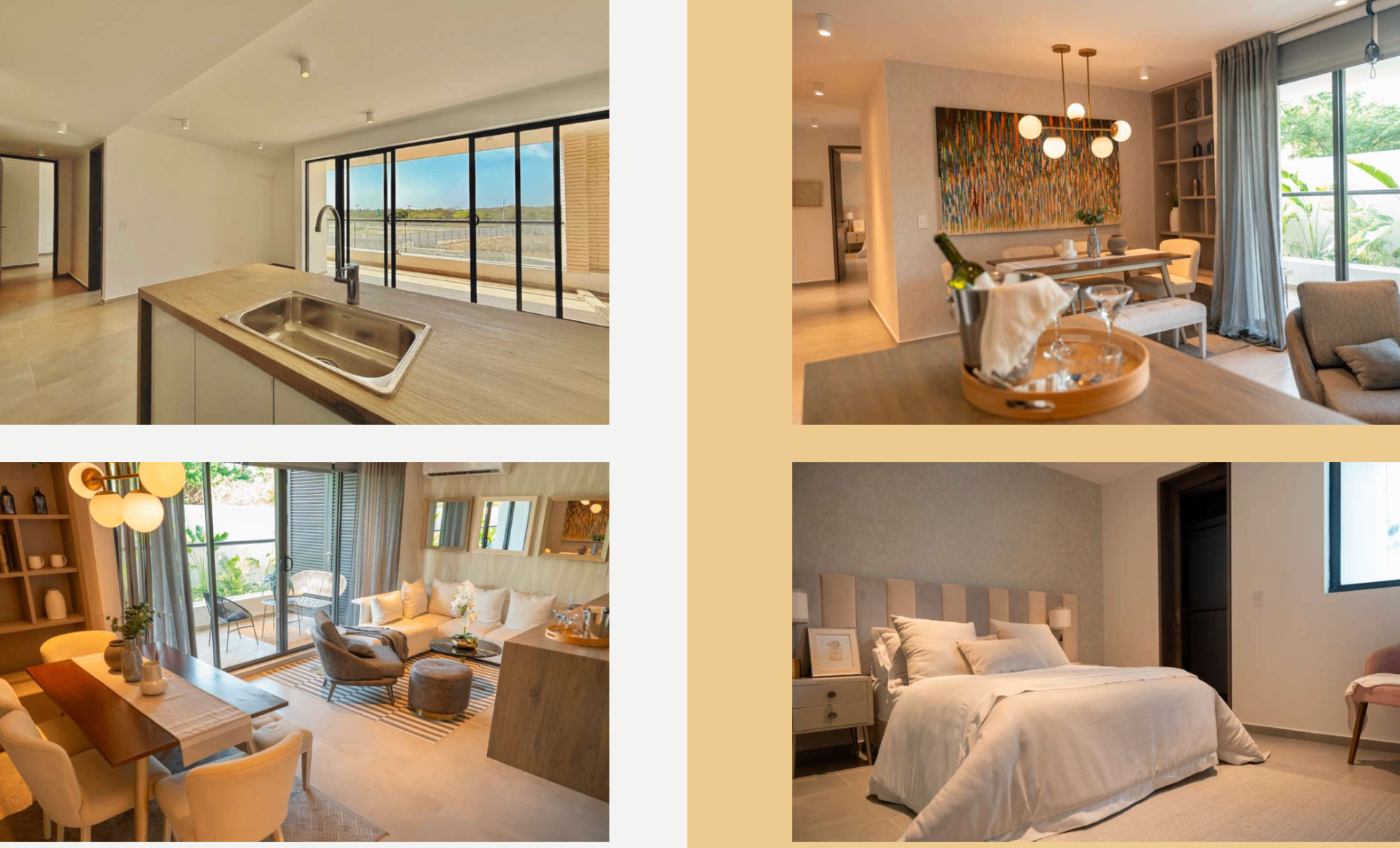 Alto Lago apartment interiors — kitchen, dining, living room and bedroom
