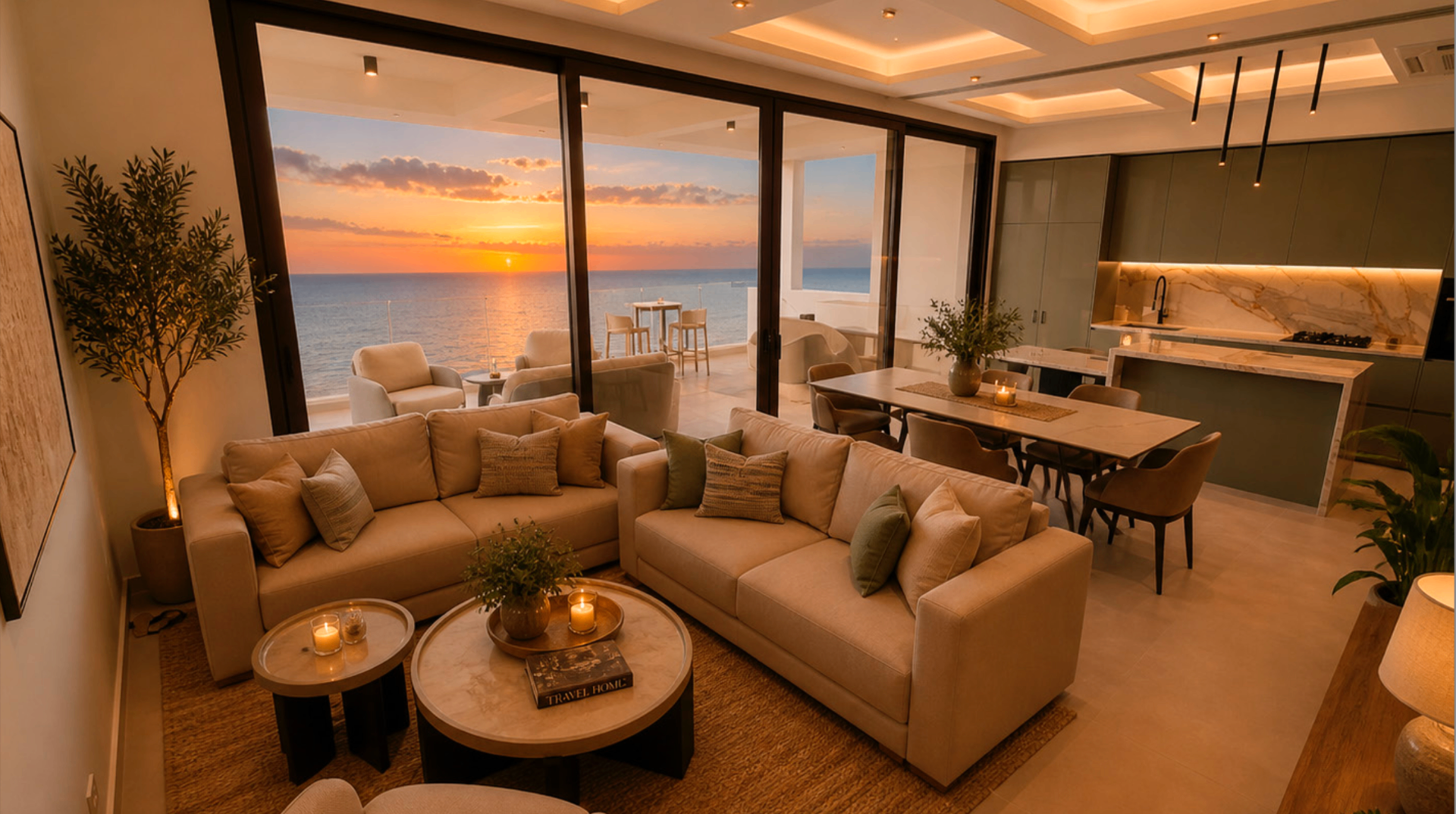 Villa Mediterráneo apartment interior with sunset Caribbean view